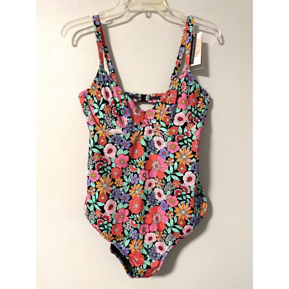 Bravissimo Mallorca Black Floral One Piece Swimsuit 36DD Tummy Control Underwire
